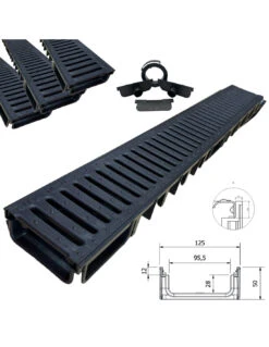 Canaletta Di Scolo Acqua Carrabile In PP-PE Con Griglia PP-PE 125x50 Kit 3 Pz