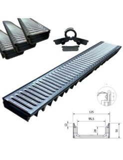Canaletta Di Scolo Acqua Carrabile In PP-PE Con Griglia Zincata 125x50 Kit 3 Pz