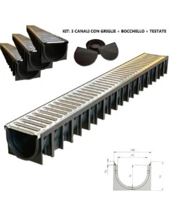Canaletta Scolo Acqua Piovana Carrabile In PP-PE Con Griglia Zincata 12X92 Kit 3pz