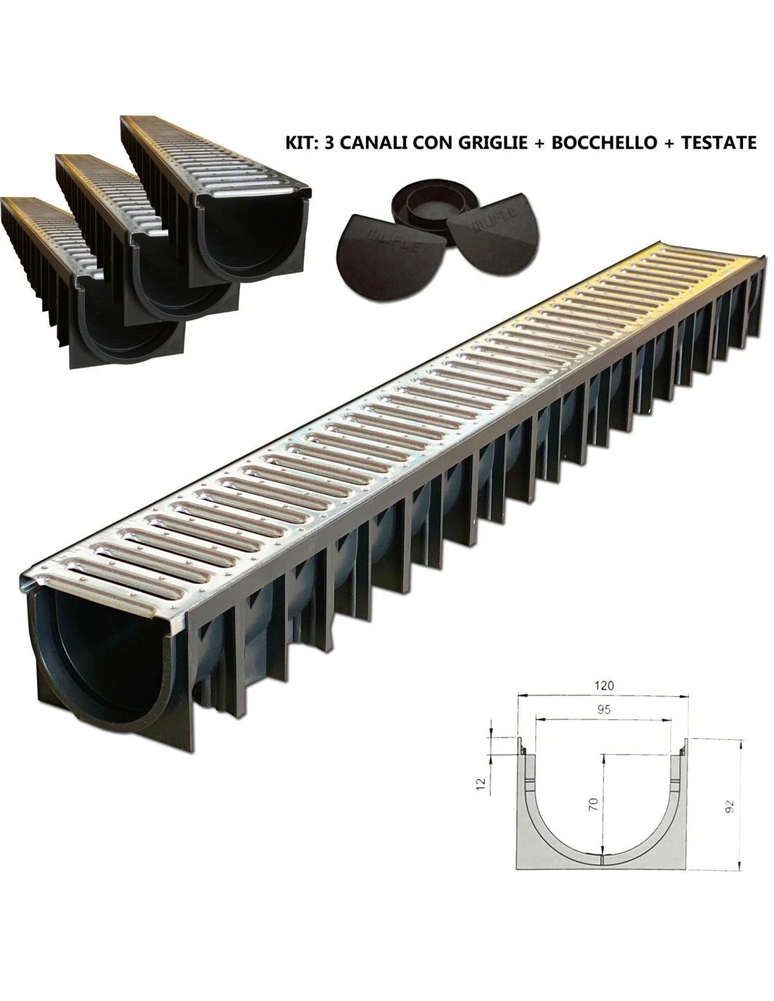 Canaletta Scolo Acqua Piovana Carrabile In PP-PE Con Griglia Zincata 12X92 Kit 3pz 3 Canaletta Scolo Acqua Piovana Carrabile In PP-PE Con Griglia Zincata 12X92 Kit 3pz
