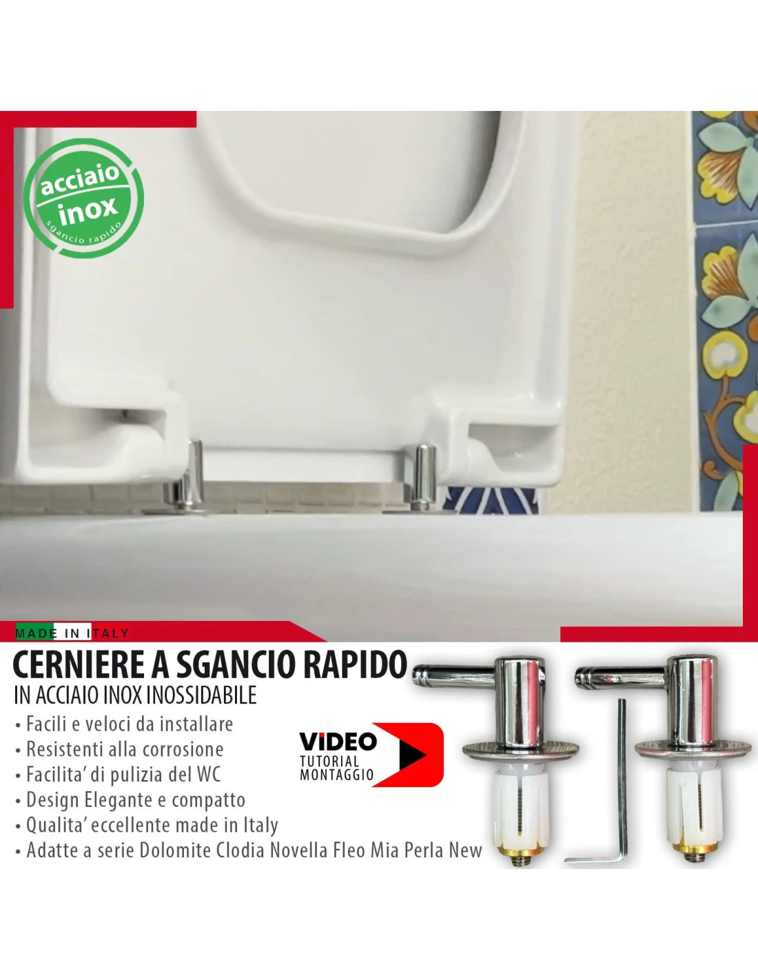 Cerniere Tavoletta Wc Sgancio Rapido Per Serie Dolomite Clodia Novella Fleo Mia PerlaNew 4 Cerniere Tavoletta Wc Sgancio Rapido Per Serie Dolomite Clodia Novella Fleo Mia PerlaNew - immagine 2