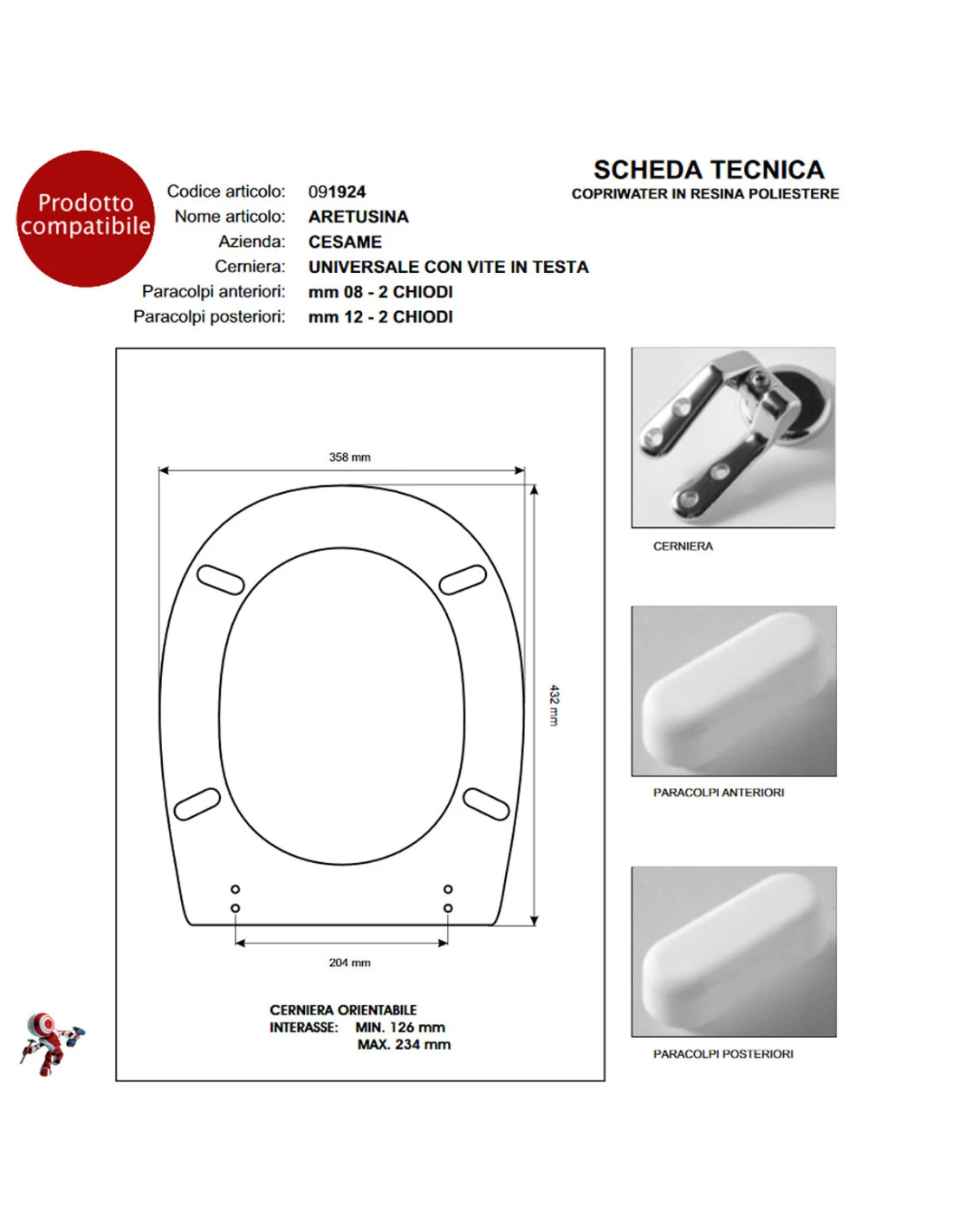 Copriwater Coprivaso Tavoletta Sedile Wc Per Cesame Vaso Aretusina Bianco 6 Copriwater Coprivaso Tavoletta Sedile Wc Per Cesame Vaso Aretusina Bianco - immagine 4