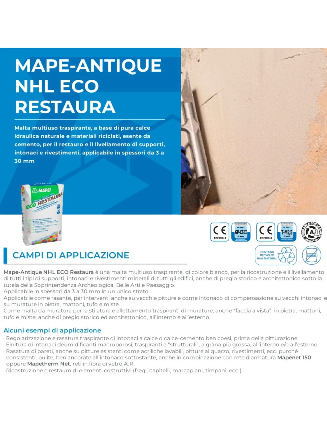 MAPEI MAPE-ANTIQUE NHL ECO RESTAURA KG.25 Malta Multiuso Traspirante Base Calce 4 MAPEI MAPE-ANTIQUE NHL ECO RESTAURA KG.25 Malta Multiuso Traspirante Base Calce - immagine 2