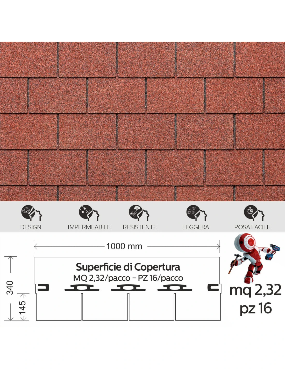 Tegola Canadese EcoRoof Rettangolare Bituminosa 2,32 Mq/pacco 16 Pezzi 3 Tegola Canadese EcoRoof Rettangolare Bituminosa 2,32 Mq/pacco 16 Pezzi - immagine 2